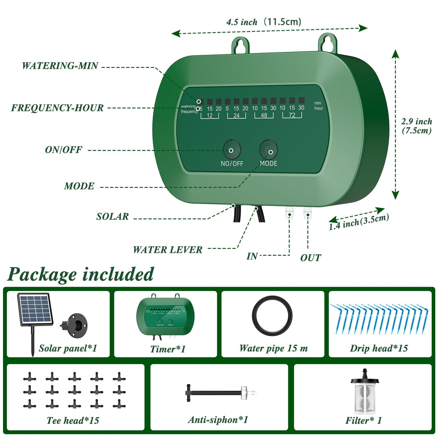 Anseto Solar Drip Irrigation System, Automatic Watering Kit with Split Design & Anti-Siphon Valve, 12 Modes Garden Irrigation System with 49ft Hose for 15 Potted Plants, Patio, Balcony & Greenhouse