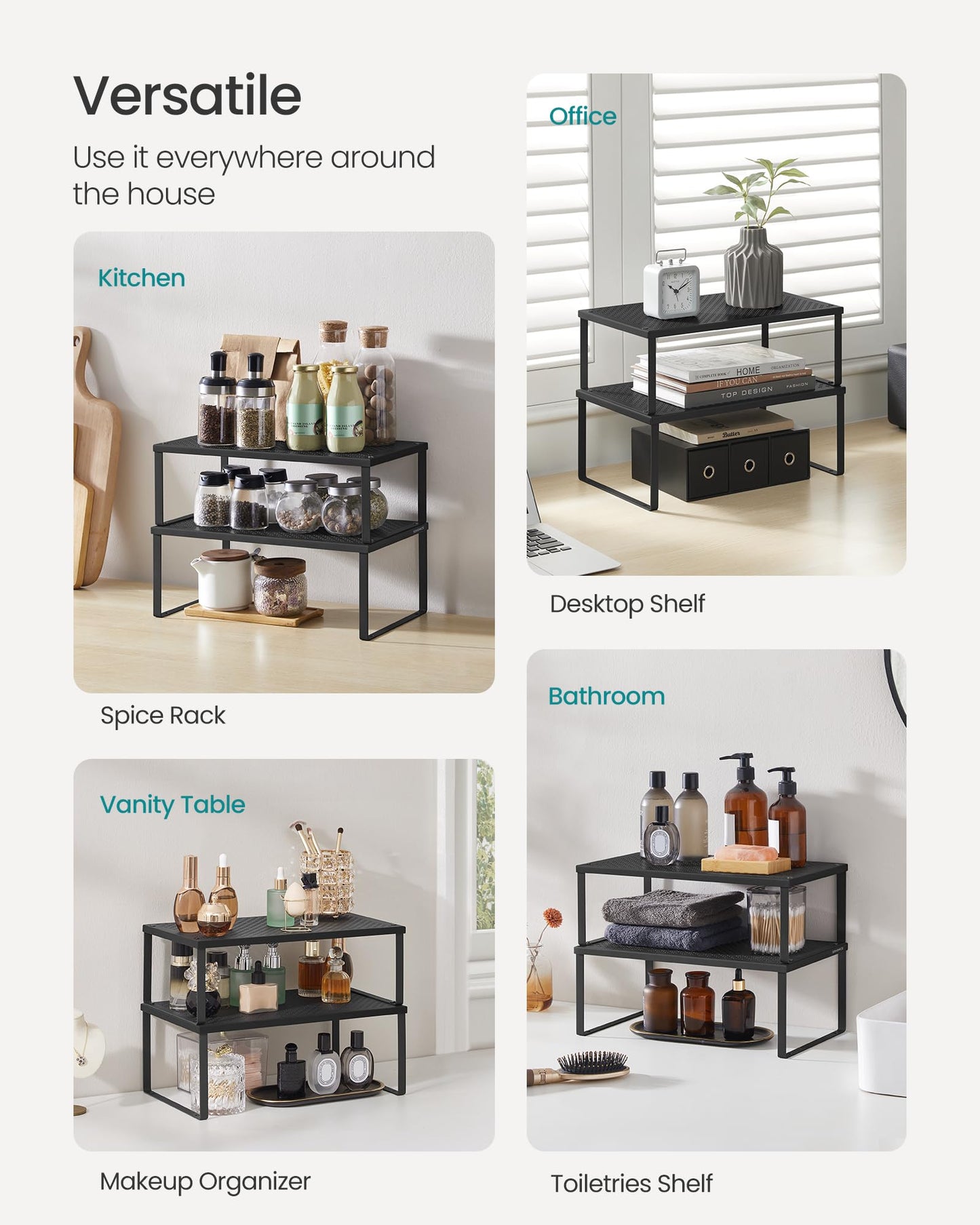 SONGMICS Spice Racks, Set of 2 Metal Cabinet Shelf Organizers, Countertop Organizers, Shelf Risers, Stackable, Expandable, Silver UKCS01SV