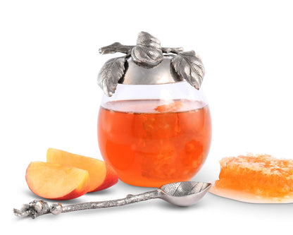 Vagabond House Honey Pot Jam Jelly Jar with Pewter Apple Lid and Spoon 4 inch Wide x 5 inch Tall