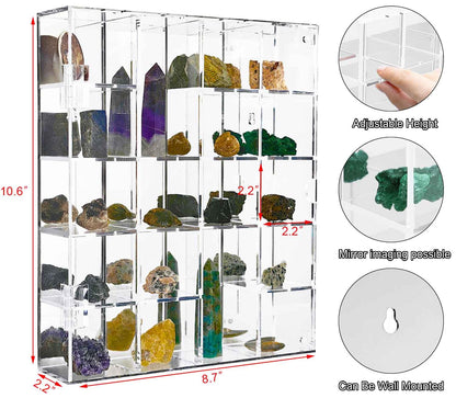 Acrylic Display Case Adjustable Clear Rock Display Case Shadow Box with Shelves Storage Organizer for Mini Pop Figure, Collectibles, Mineral Crystal, Stones, Wall Mountable, with Mirrored & Lid