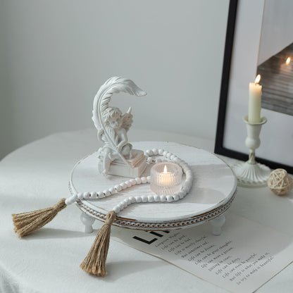 Hanobe Round Decorative Tray Stand: White Beaded Wood Pedestal Risers Farmhouse Circle Display Holder for Coffee Table Home Decor Kitchen Bathroom Counter