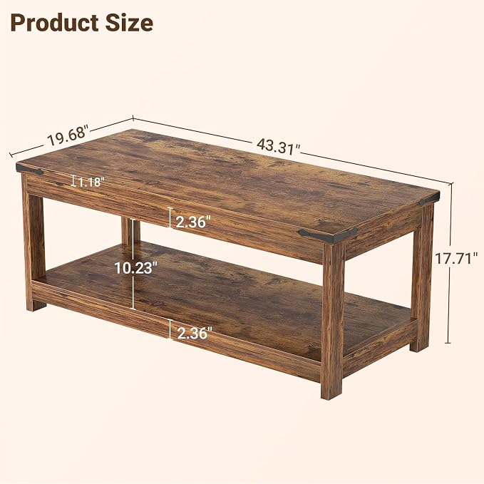 Homieasy 43.3” Rectangular Coffee Table with Storage Shelf, Farmhouse Wood Center Table for Living Room, Modern Black Tea Table with Open Shelf, Rustic Brown