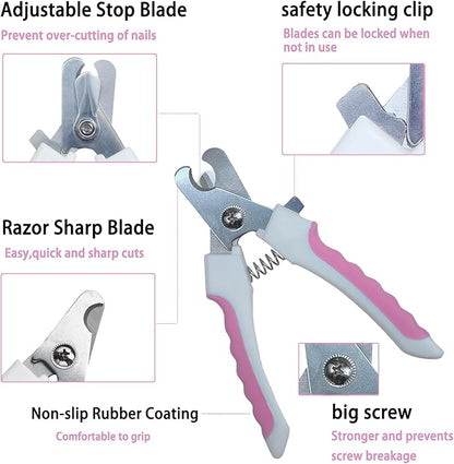 5Pcs Dogs and Cats Grooming Nail Clippers Kit Pet Claws Nail Clipper Trimmers, with Protective Guard Lock to Avoid Over Cutting, Professional Trimmers for Large and Small Cat and Dog (Pink)