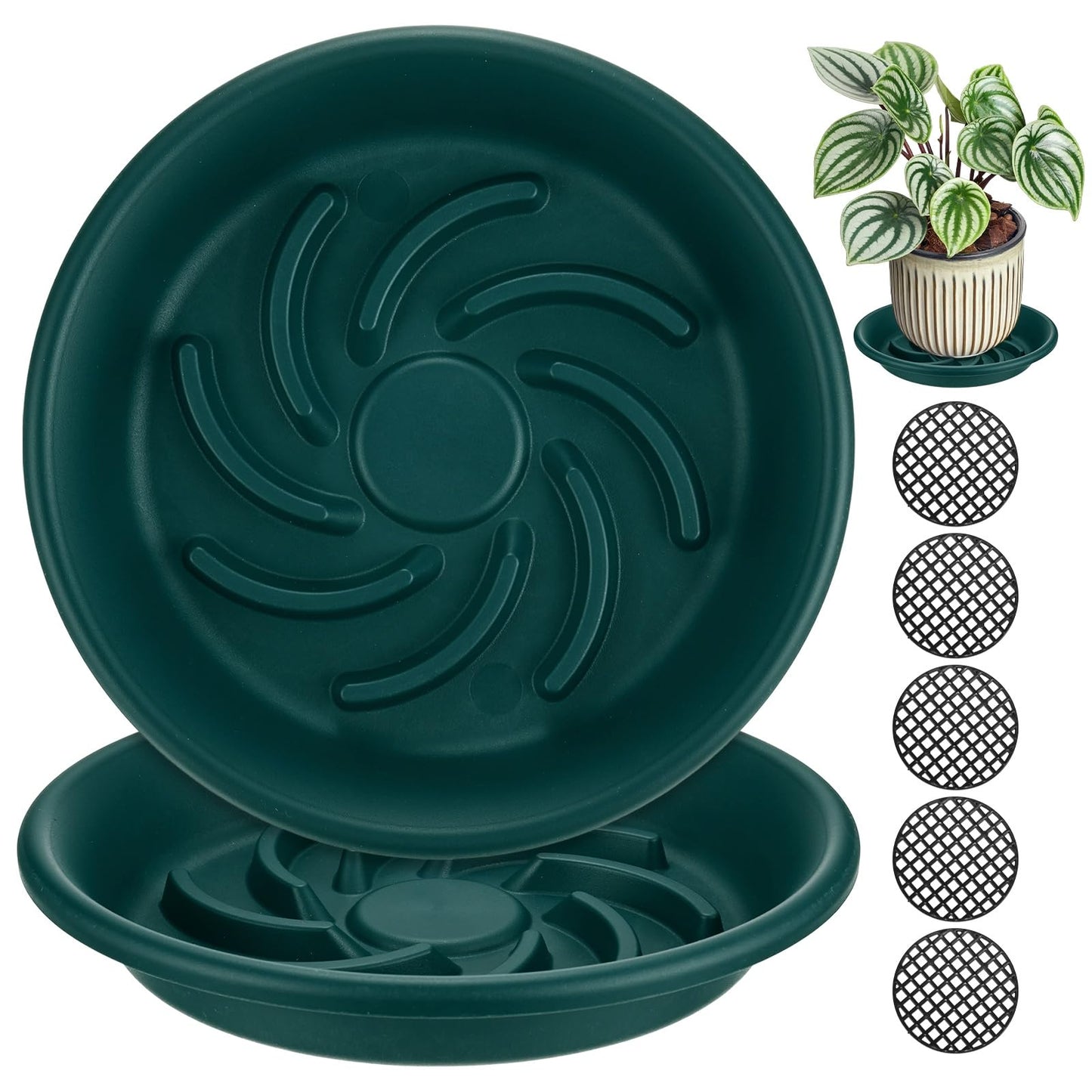 M METERXITY 2-Pack Plant Saucer, 7.4 Inch/ 18.8cm Plastic Plant Trays Thicker for Pots/Indoor/Outdoor/Water Drainage and Protection, Flowerpot Drip Tray [Dark Green]