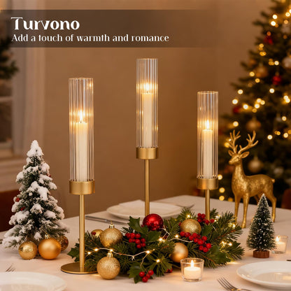 Turvono Gold Hurricane Candle Holders Set of 3, Brass Taper Candle Holders for Candlesticks, Elegant Tall Candle Sticks Holder Decor for Table Centerpiece, Wedding & Christmas Decorations