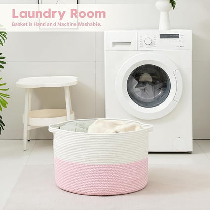 Foldable Laundry Hamper Basket with Collapsible Handle Cotton Rope Soft Woven Fabric Storage Organizer Clothes Toys Nursery Bedroom Dorm Space Saving Bin (White & Pink, 115L(23.6"D x 15.7"H))