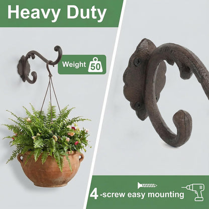 Z metnal Cast Iron Plant Hanger - 9 inch Rustic Wall Mounted Hanging Basket Holder for Indoor/Outdoor Garden, Patio, Porch Decor - Heavy Duty Metal Hook Bracket, Double Hook,