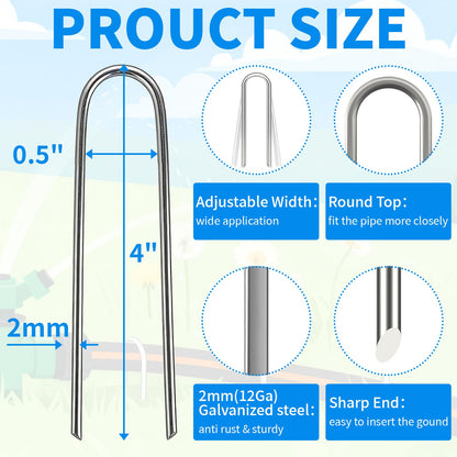 MySit 200 Pack 4 Inch Garden Stakes, Galvanized Drip Irrigation Stakes U Shaped Landscape Staples Ground Stakes for 1/8" to 1/2" Soaker Hose,Irrigation Tubing, Garden Hose, Weed Barrier