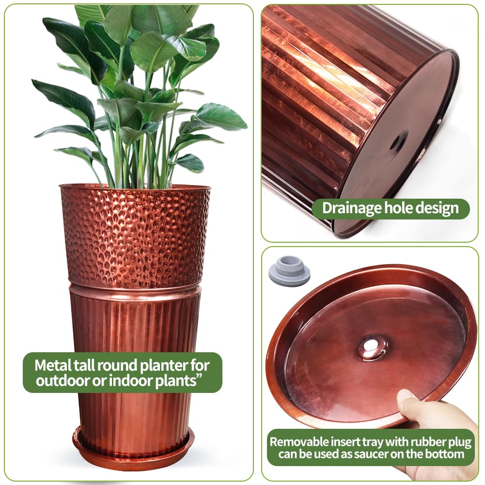 Megawodar 2 Pcs Pack Metal Tall Tapered Planter Pots Large Round Planter Flower Pot with Drainage Holes for Indoor Outdoor Deck Porch Garden Home Patio Front Door (Glossy Copper, Small)