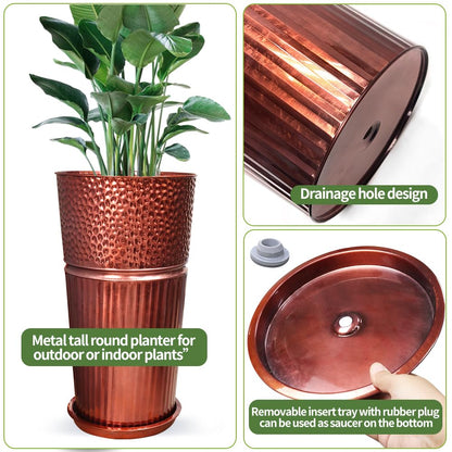 Megawodar 2 Pcs Pack Metal Tall Tapered Planter Pots Large Round Planter Flower Pot with Drainage Holes for Indoor Outdoor Deck Porch Garden Home Patio Front Door (Glossy Copper, Small)
