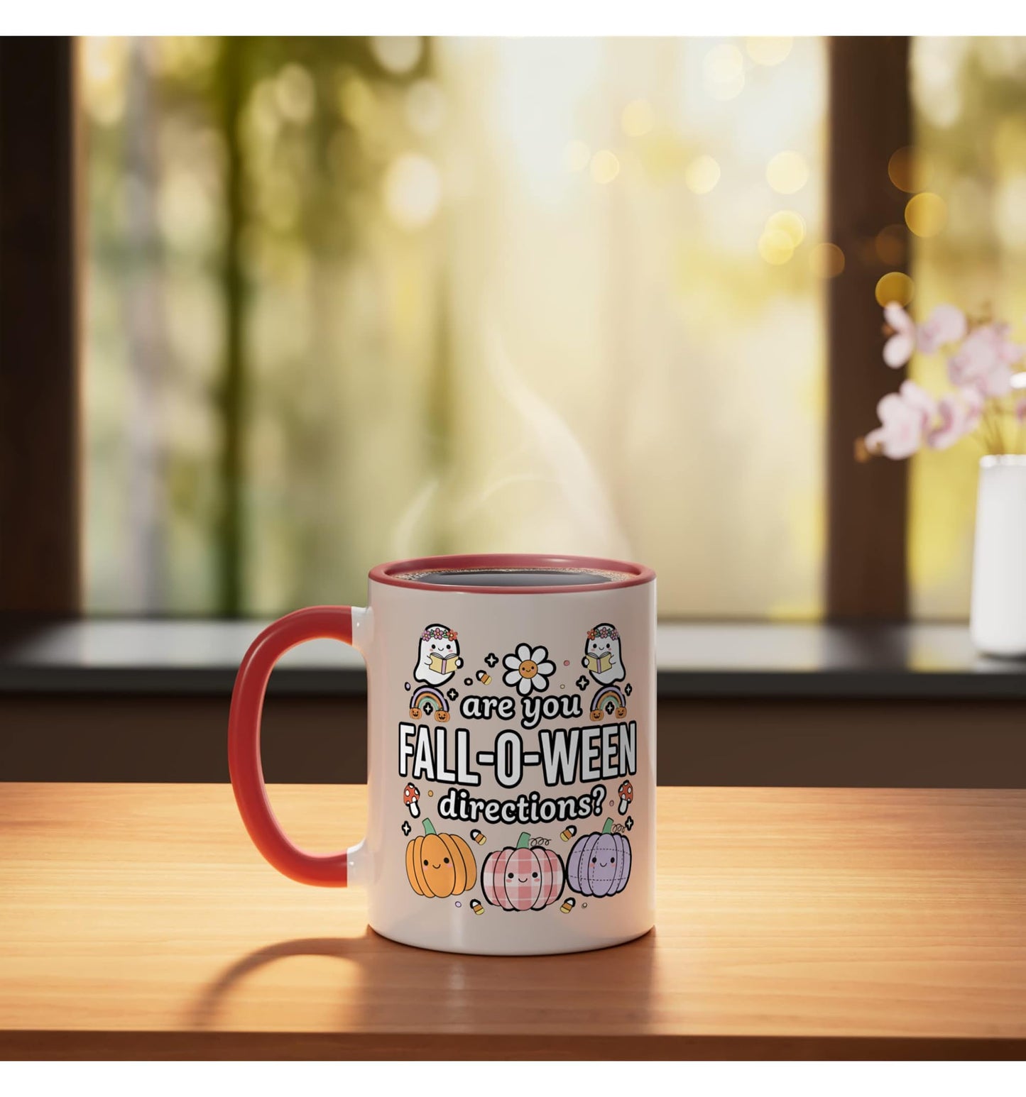 Halloween Fall-O- Cute Pumpkin Ghosts Kawaii Autumn Ceramic Mug, Red/White