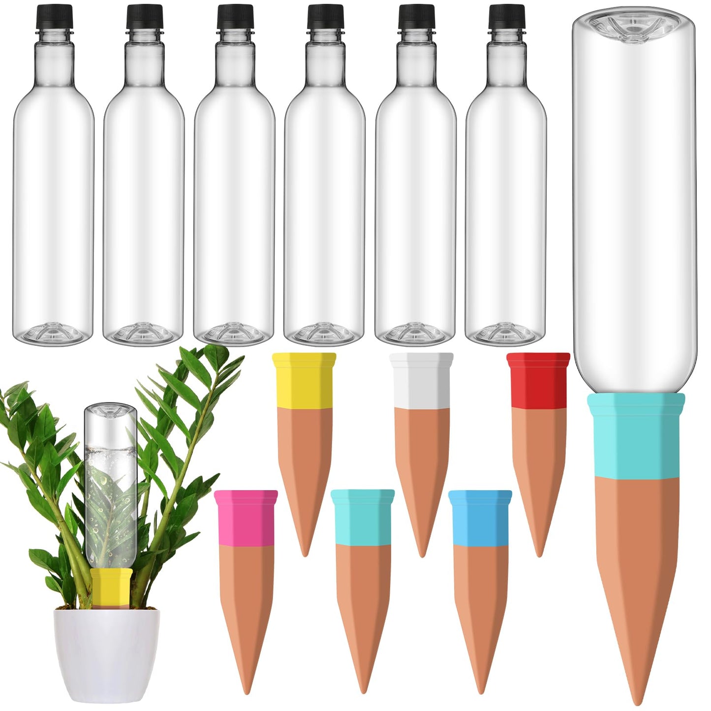 SiliFine 6 Sets Plant Watering Devices Include Terracotta Self Watering Spikes and 26 oz Plastic Bottles, Slow Release Vacation Insert Automatic Plant Waterer Device (Clear and Mixed Color)