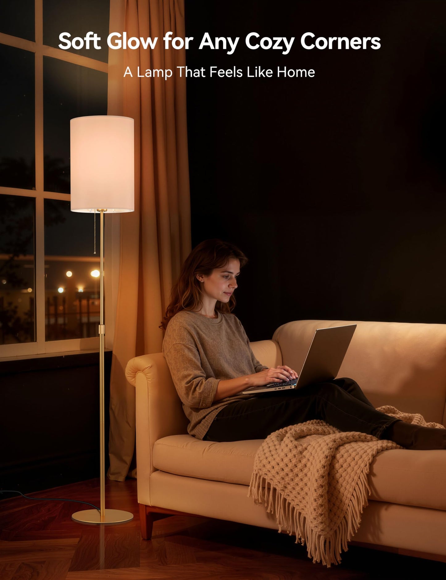 Tubicen Slim Floor Lamp Gold Fabric Tall Lamp with Pull Chain Dimmable Thin Standing Light 61" Adjustable Mid Century Modern Narrow Floor Lamp for Living Room Bedroom Office