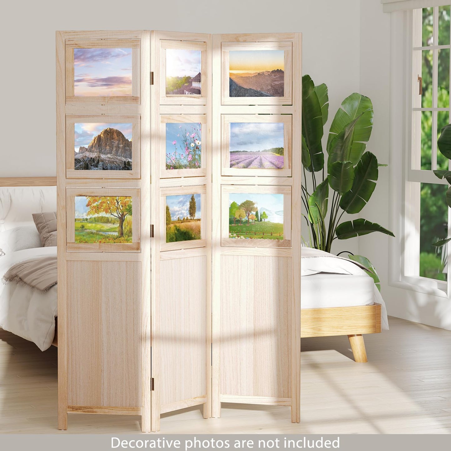 Giantex 3 Panel Room Divider with 9 Rotating Picture Frames, 67'' Folding Privacy Screen for Photo Display, Freestanding Wood Wall Partition for Room Separation, Bedroom, Office, Natural