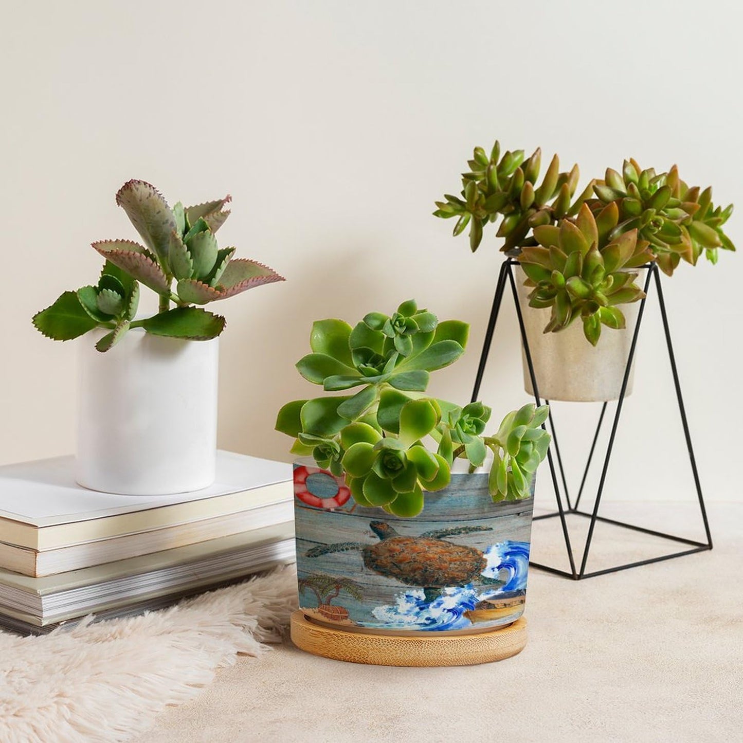DreamAutumn Ocean Theme Sea Turtle Ceramic Pots for Plants with Drainage Holes Round Flower Pot Bamboo Tray Orchid Pot Succulents Pots for Outdoor Indoor Plants,Housewarming Gifts