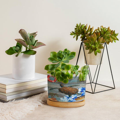 DreamAutumn Ocean Theme Sea Turtle Ceramic Pots for Plants with Drainage Holes Round Flower Pot Bamboo Tray Orchid Pot Succulents Pots for Outdoor Indoor Plants,Housewarming Gifts