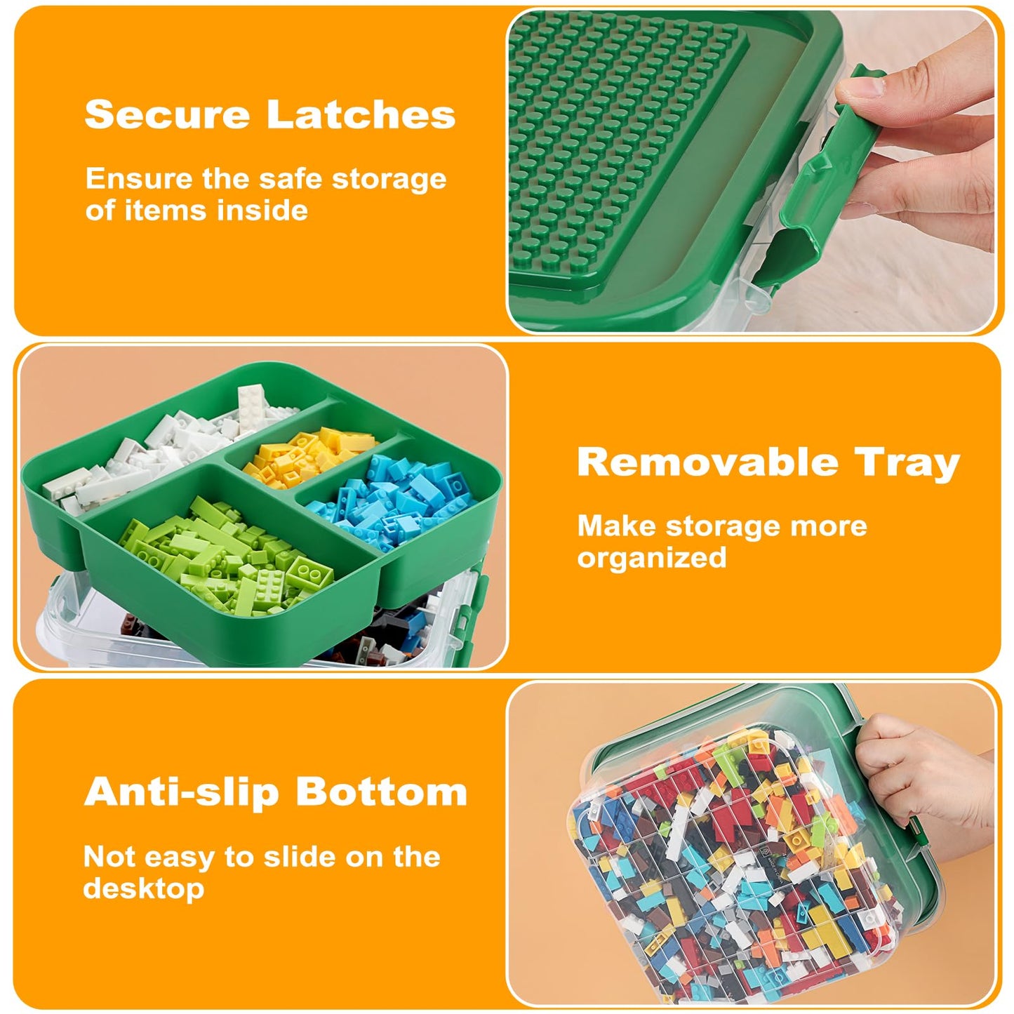 OGANAZI Toy Organizer with Bricks Baseplate Lid for Building Blocks, Bricks Building Set Organization Bin with Compartments Tray, Stackable Storage Box Building Block Chest Case (Green)