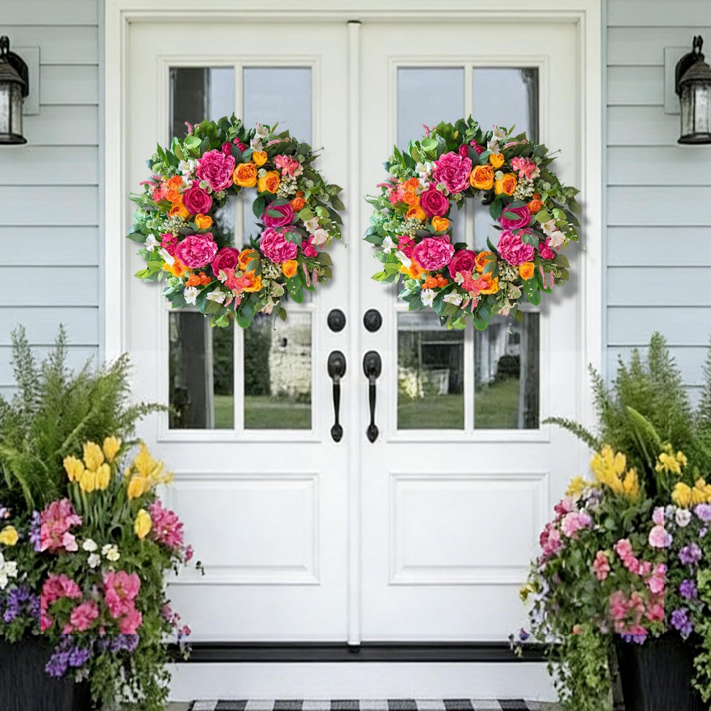 CHvista 24 Inch Spring Wreaths for Front Door Outside,Handcrafted Garden Rose & Peony Style Summer Wreath with Pink,Orange Ivory Flowers- Lush Spring Door Wreath for Farmhouse Home Wall Porch Window