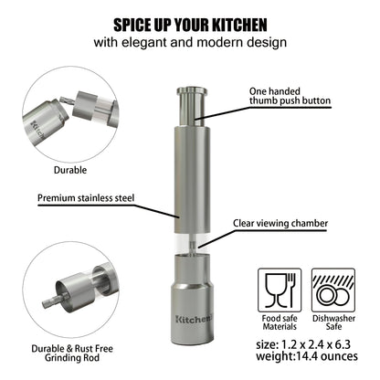 KitchenBliss Modern Thumb Click Salt and Pepper Grinder with Refillable Peppermill - Perfect for Himalayan Salts, Black Pepper, Sea Salt, Peppercorns, Spices Push Button for 1 hand operation (set)