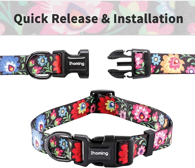 Ihoming Dog Collar and Leash Set for Daily Outdoor Walking Running Training, Black Colorful Flowers Design for Small Boys Girls Dogs Cats Pets, S-Up to 20LBS