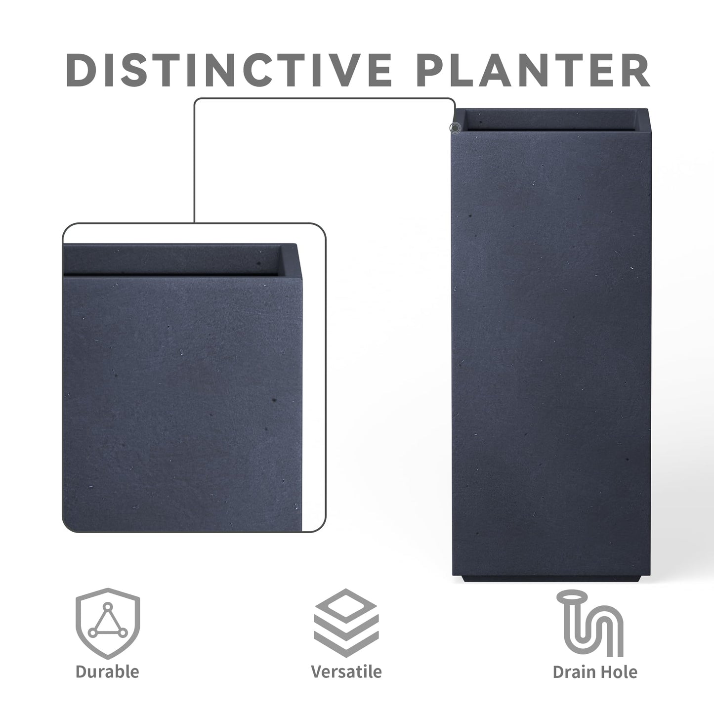 Kante 23.6" H Tall Rectangular Concrete Planter, Modern Square Diameter Plant Pot with Drainage Hole and Rubber Plug for Indoor Outdoor Home Patio Garden, Charcoal