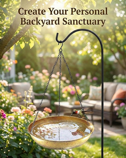 Hanging Bird Bath for Outside Metal Birdbath 11 Inch for Birds to Seed Bathe Drink Decor Bird Bath Gold to Iridescent Pink Gradient Decor for Garden Back Yard Patio Attracts Hummingbirds & Finches