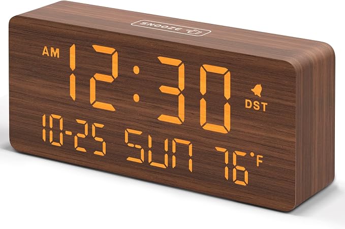 DreamSky Wooden Digital Alarm Clocks for Bedrooms with Date & Day of Week | Living Room Desk Clock, Temperature, USB Port, Dimmer Wheel, Adjustable Volume, Auto DST, Office Wood Decor (Plug-in)