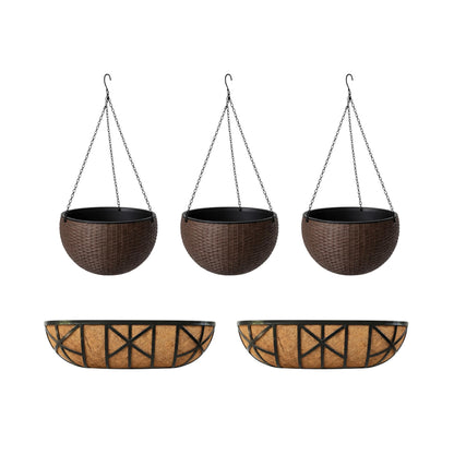 LaLaGreen Bundle- 2 Pack, 24 Inch Metal Planter with Coco Liner + 3 Pack, 11 Inch Self Watering Hanging Basket Plastic Flower Pot with Chain Outdoor Wall Mounted Balcony Fence Patio Porch Modern Decor