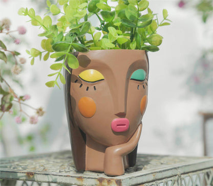 Saysmile Face Planter Pots for Indoor Plants, Resin Head Planter Succulent Planter Flower Planter Cute Girl Head Pots with Drainage Hole - Painted Thinking Girl Closed Eyes