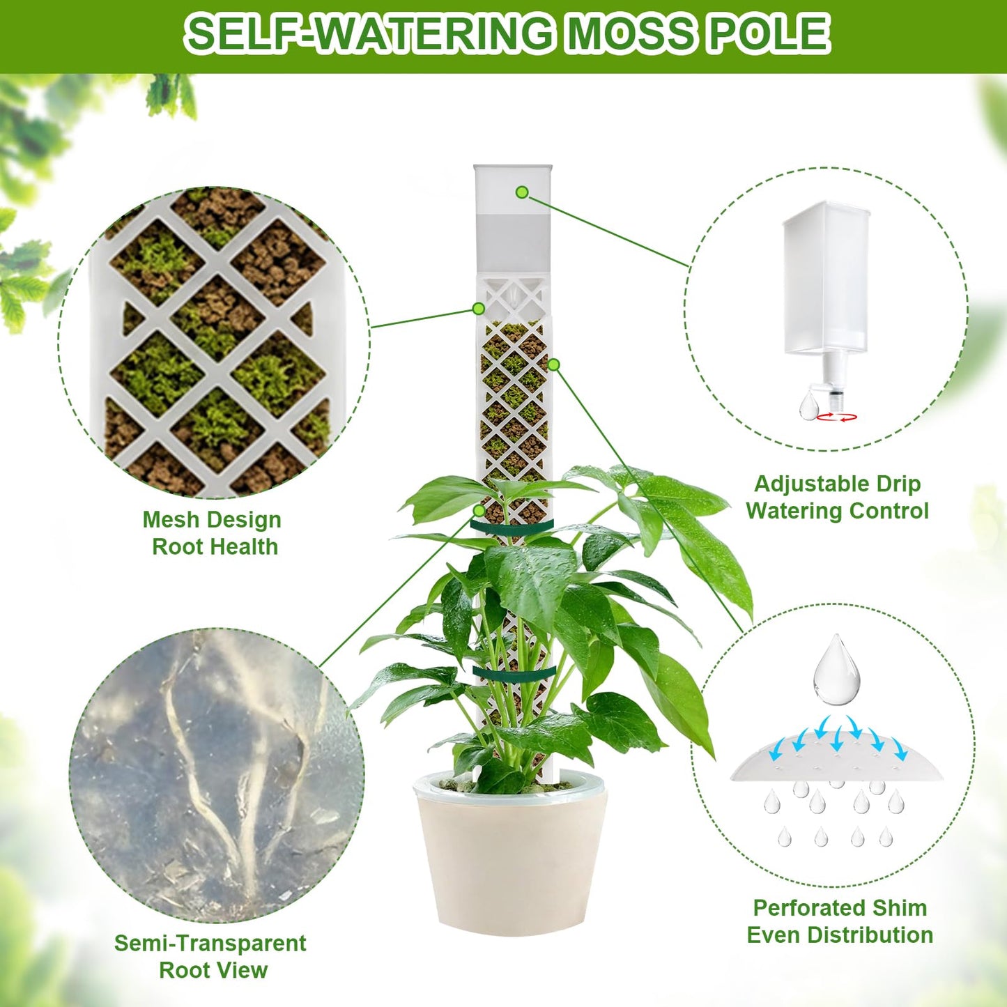 GJL Stackable D Shape Self Watering Moss Pole for Monstera,Plastic Sphagnum Moss Pole with Watering Dripper, Indoor Climbing Plant Support for Pothos & Philodendron