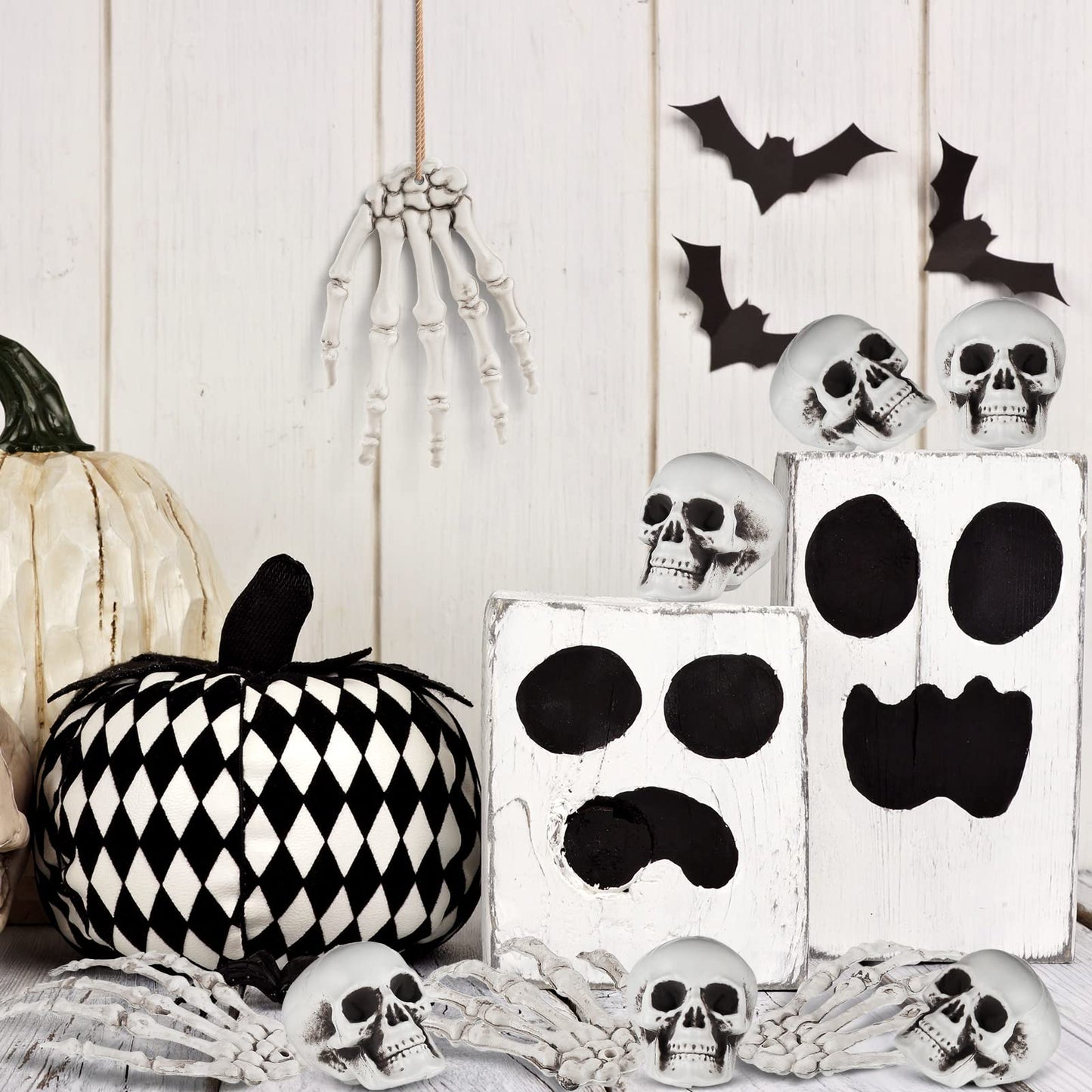 Ferraycle 16 Pieces Halloween Decoration Set Includes 10 Mini Skull Heads and 4 Skeleton Hands Realistic Looking Skulls Plastic Fake Craft Human Hands for Halloween Party Decor Props
