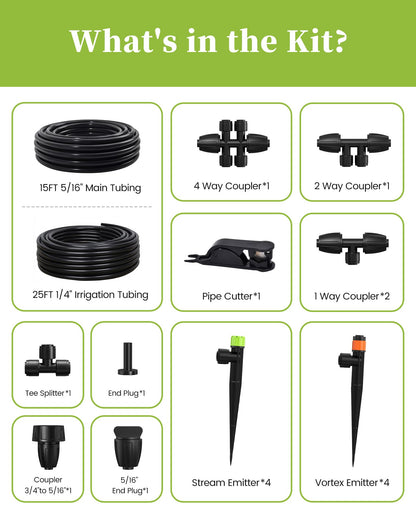 RAINPOINT Drip Irrigation System, Quick-Connect Garden Watering System Kit with Adjustable Emitters for Greenhouse, Garden Grid, Raised Bed, Potted Plants (15 ft Main Tubing + 25 ft Irrigation Tubing)