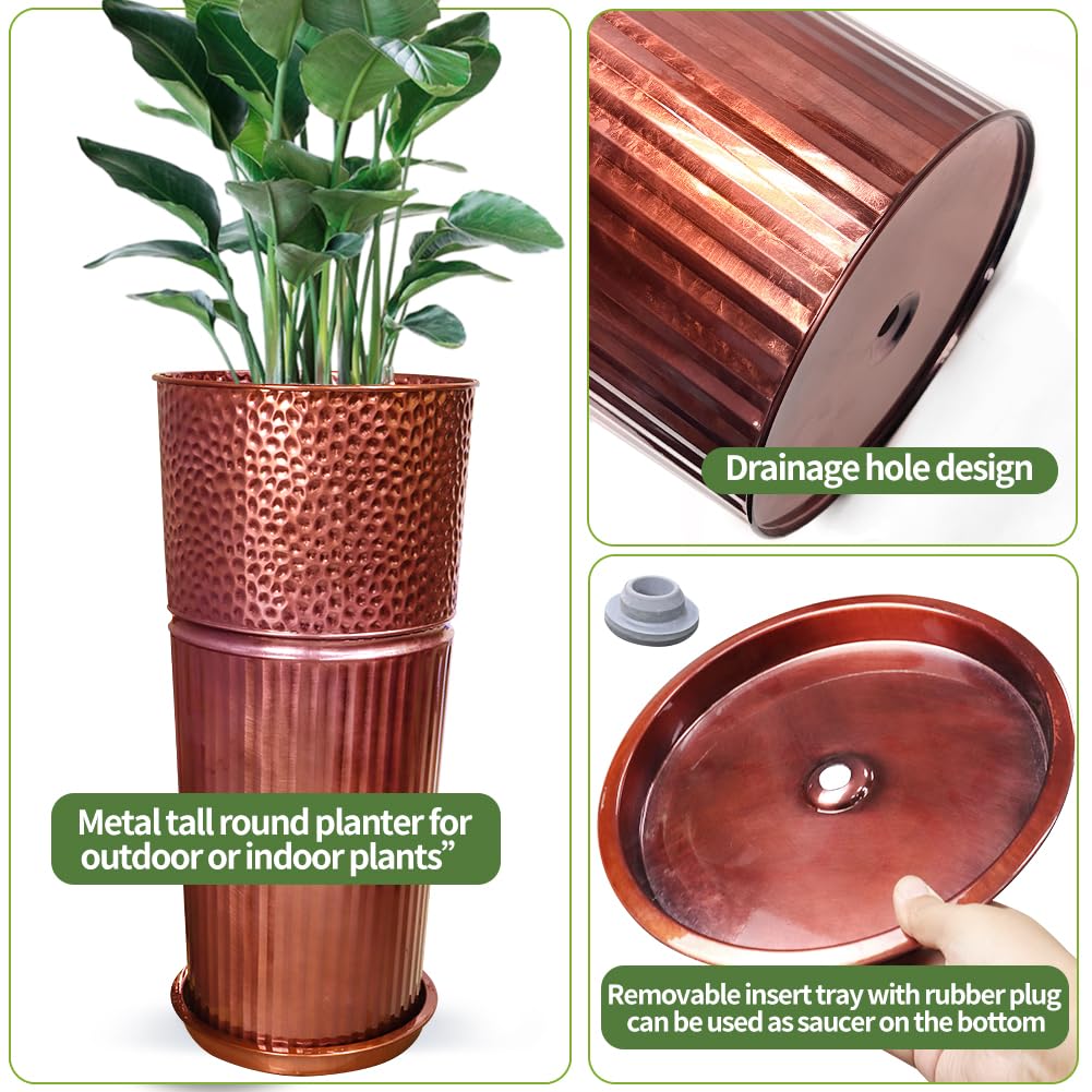Megawodar 2 Pcs Pack Metal Tall Tapered Planter Pots Large Round Planter Flower Pot with Drainage Holes for Indoor Outdoor Deck Porch Garden Home Patio Front Door (Glossy Copper, Medium)