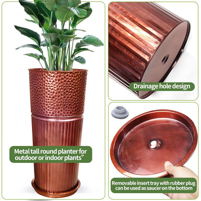 Megawodar 2 Pcs Pack Metal Tall Tapered Planter Pots Large Round Planter Flower Pot with Drainage Holes for Indoor Outdoor Deck Porch Garden Home Patio Front Door (Glossy Copper, Medium)