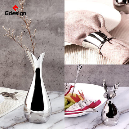Gdesign Stainless Steel Home Decor Accessory Set, Flatware Table Set with Small Vase, Dessert Fork and Holder, Napkin Ring, Salt and Pepper Shaker, Tealight Candle Holder, Gift for Wedding, Birthday