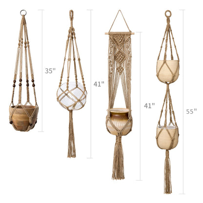 Mkono Macrame Plant Hangers Set of 4 Indoor Hanging Planter Basket Wall Decorative Flower Pot Holder with 4 Hooks for Indoor Outdoor Home Decor Gift Box, Brown