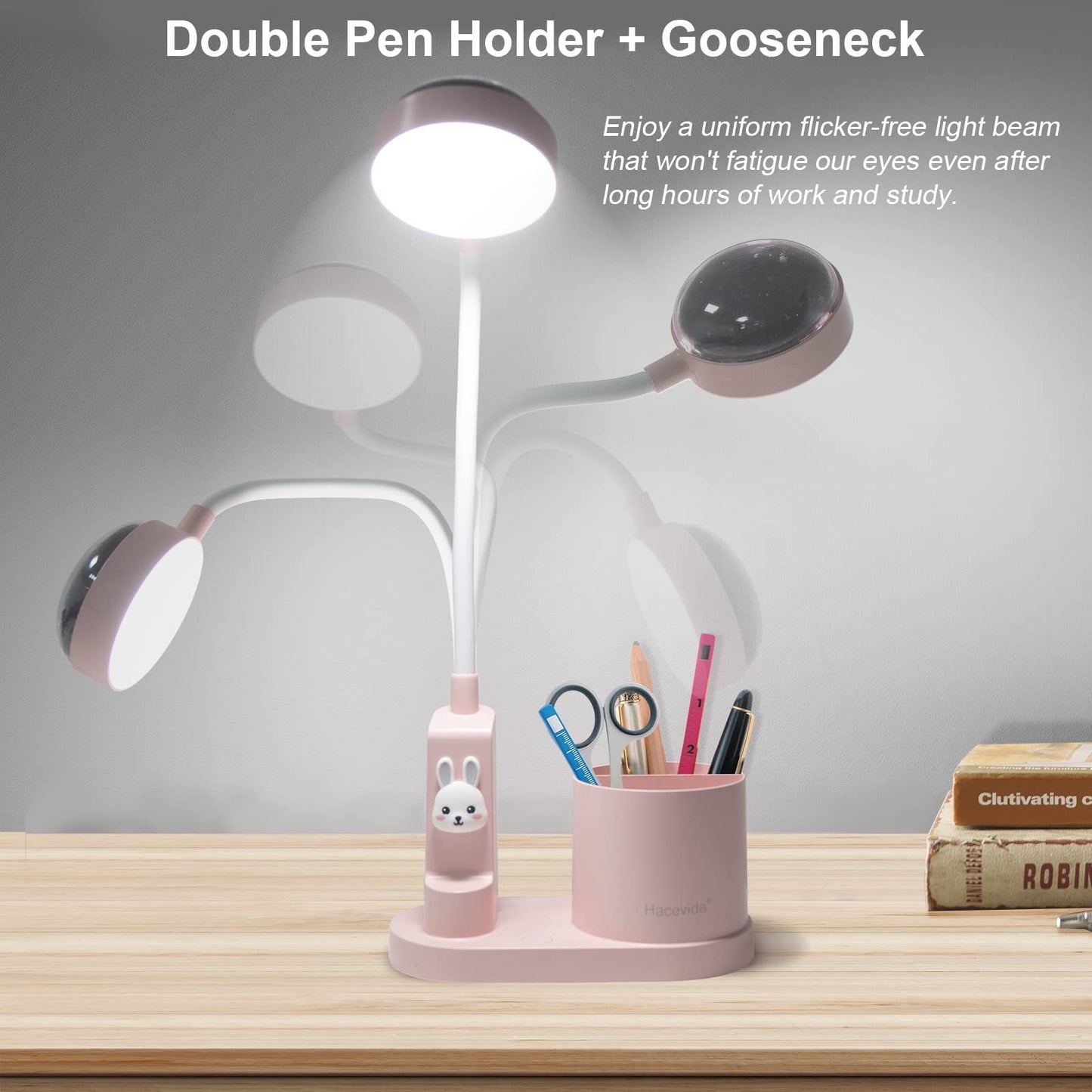 Hacevida Cute Pink Rabbit Lamp for Kids Reading Study - Star Projector/Pen Holder/3 Brightness/Eye Caring, Rechargeable Led Table Desk Lamp for Home Office Dorm Decor, Ideal Birthday Christmas Gifts
