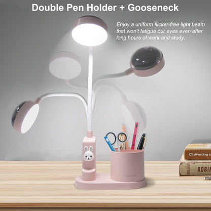 Hacevida Cute Pink Rabbit Lamp for Kids Reading Study - Star Projector/Pen Holder/3 Brightness/Eye Caring, Rechargeable Led Table Desk Lamp for Home Office Dorm Decor, Ideal Birthday Christmas Gifts