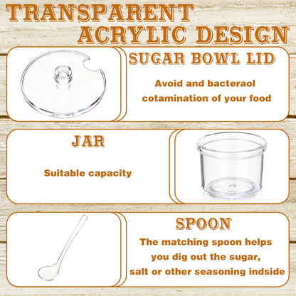 Ferrochef Set of 3 Clear Acrylic Sugar Bowl with Lid and Spoon for Coffee Bar Accessories, 7 oz Tea Sugar Coffee Container Salt Canister Spice Jars, Kitchen Seasoning Box Condiment Pots with Labels