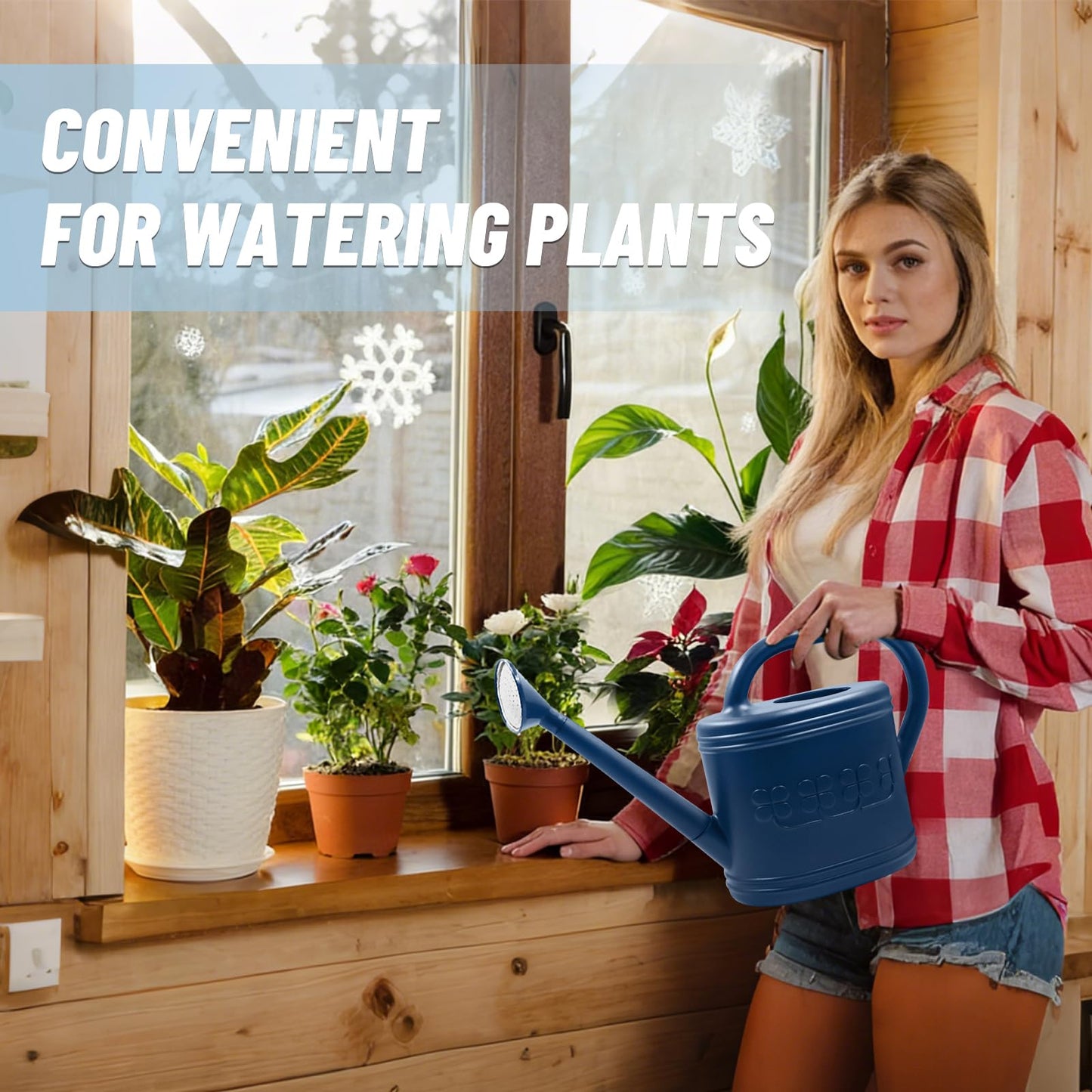 Watering Can for Indoor & Outdoor Plants, Plant Watering Can with Stainless Steel Shower Head, 1 Gallon Plastic Watering Can for Garden, Flowers, Vegetable, Greenhouse (Dark Blue, 1 Gallon)