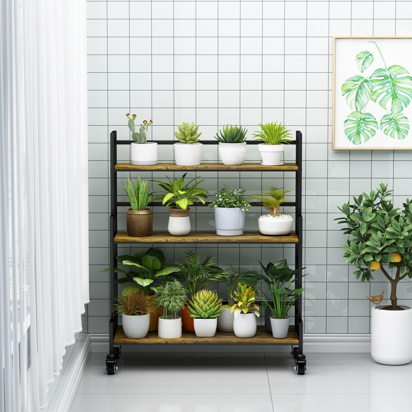 YIZAJIA Plant Stand Indoor 3 Tier Metal Board Outdoor Tiered Stands Shelf With wheel for Multiple Plants Potted Ladder Plant Holder Table Plant Pot Stand for Window Garden Balcony Living Room