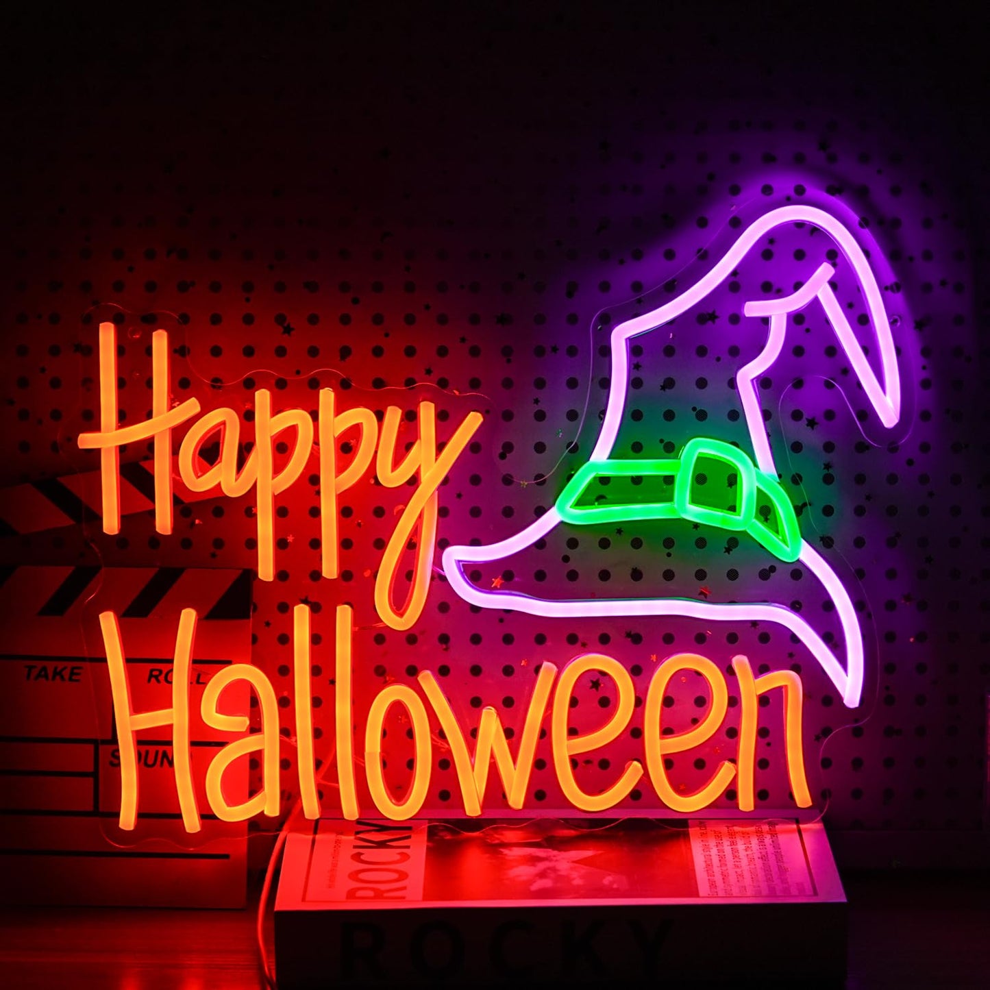 Happy Halloween Neon Sign Mysterious Purple Green Hat LED Neon Light for Wall Decor Dimmable USB Powered Halloween Light Up Sign for Halloween Decor Home Spooky Party bedroom Decor(16.5 * 12.6 In)