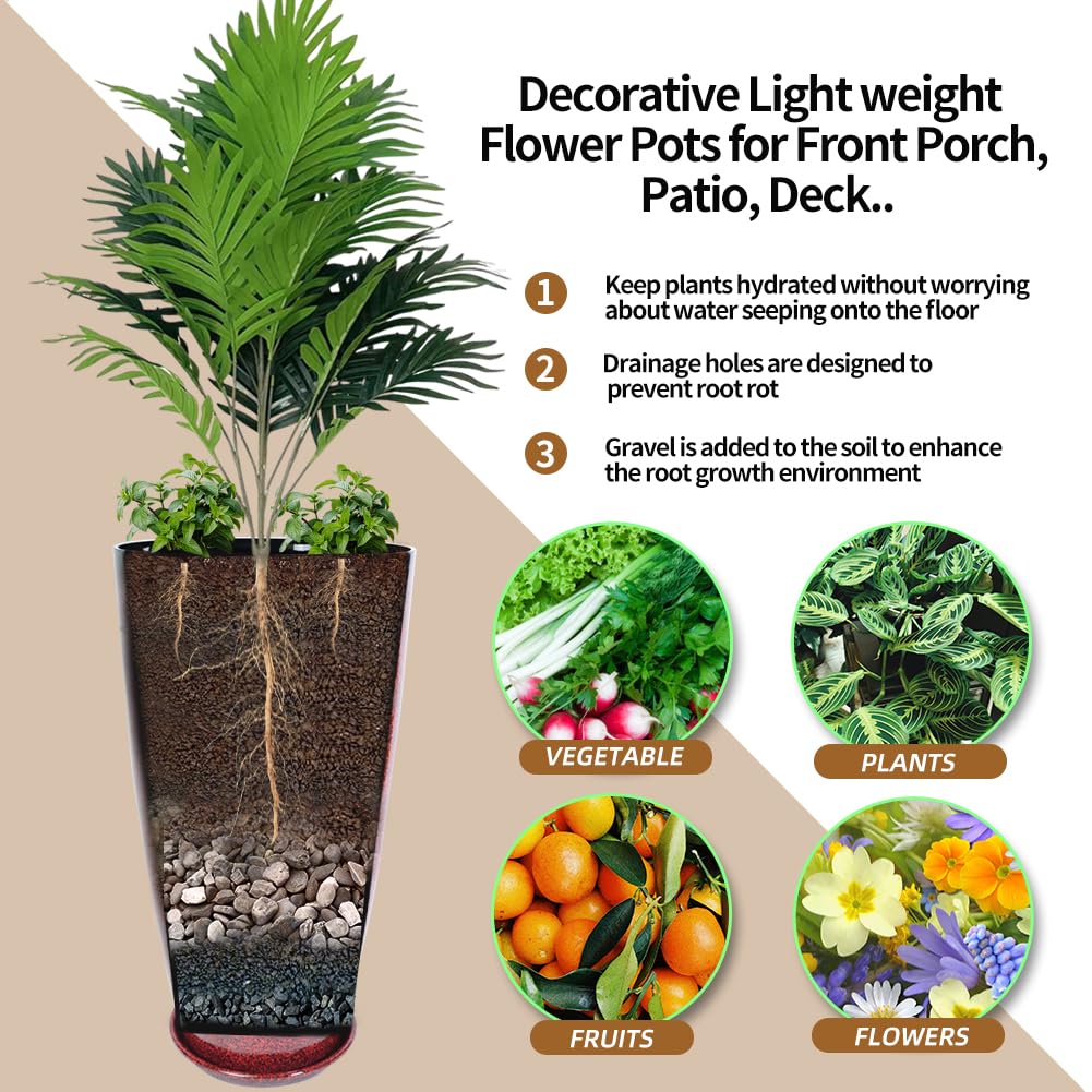 2 Pcs Pack 21 Inches Plastic Resin Tall Tapered Planter Pots Large Round Planter Flower Pot with Drainage Holes for Indoor Outdoor Deck Porch Yard Office Garden Home Patio Front Door (Red, L)