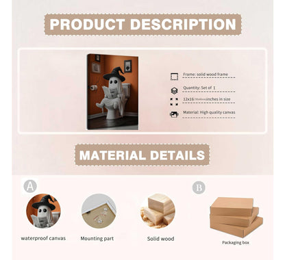 Halloween Funny Ghost Canvas Wall Art Ghost on Toilet Gothic Horror Creepy Dark Academia Painting Picture Wall Decor Poster Print Artwork for Bathroom Home Decoration