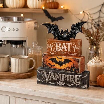4 Pcs Halloween Table Decorations Bat Tiered Tray Decor Farmhouse Rustic Wooden Block Signs with Vampire & Jack-o'-Lantern Halloween Tabletop Centerpiece for Home Kitchen Shelf Mantel Office Desk
