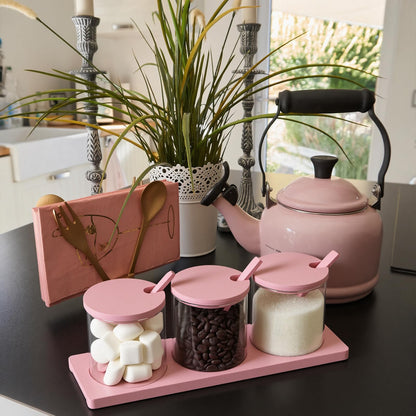 Willinglong 3 Pcs Coffee Bar Accessories Set Glass Condiment Jars with Wooden Lids Spoons, Spice Jar Set with Tray, Sugar Tea Containers for Coffee Station Organizer Kitchen Decoration(Pink)