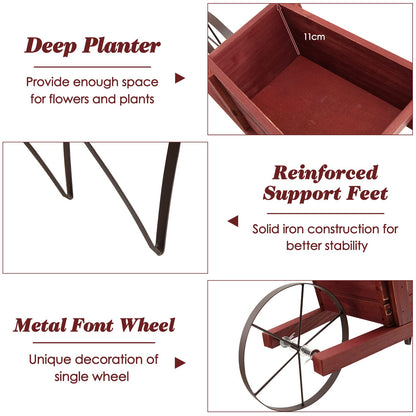 S AFSTAR Wood Wheelbarrow Planter, Flower Plant Pot Wheelbarrow Cart w/Metal Wheel & 9 Replaceable Magnet Accessories, Wooden Wagon Planter Wheelbarrow Decor for Outdoor Garden Backyard (Red)