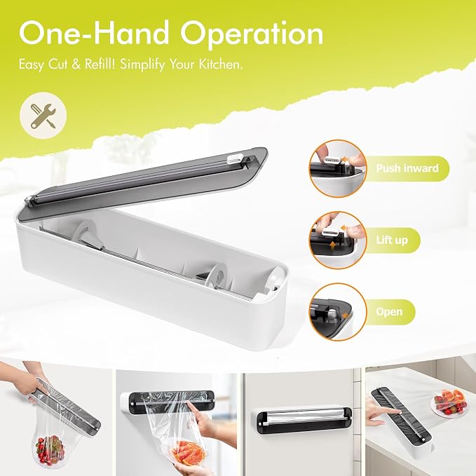 Aluminum Foil & Plastic Wrap Dispenser with Cutter - Magnetic & No-Drill Wall Mount, Cling Film Dispenser for Countertops & Cabinets, Space-Saving Kitchen Organizer - Fits 150 m Rolls, Black