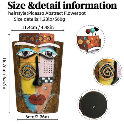 Yhupl Picasso Abstract Face Flower Pot,Plant Pot with Facial Expressions,Handmade Resin Plant Pot with Drainage Holes,for Indoor and Outdoor Botanical Home décor (Brown Small)