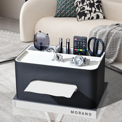 PU Leather Tissue Box Cover Rectangular with Storage Organizer Tray, Multifunctional Remote Control Holder, Desk Organizer for Living Room, Bedroom, Office, Decorative Tissue Holder Black